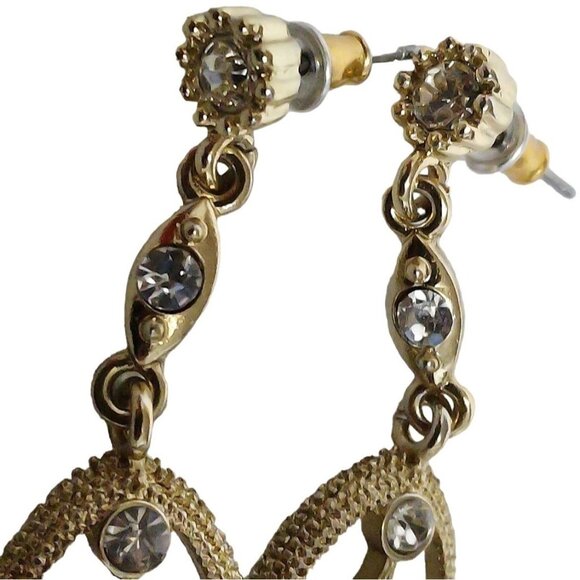 Dangle Earrings Gold Tone Metal Rhinestones Spiky Drop Chandelier Style 3.5" L - Picture 3 of 8